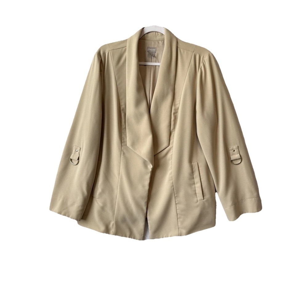 Chico's 2 Open Front Beige Gold Metal Ring Accent Soft Blazer US L Business Chic